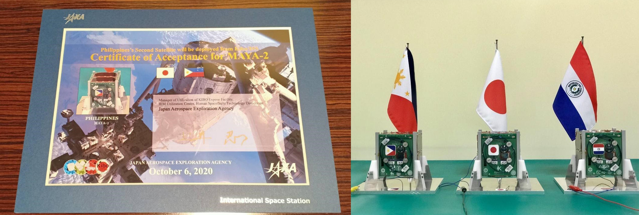 The Acceptance Certificate for Maya-2 from JAXA (left); Maya-2 with Tsuru (Japan) and GuaraniSat-1 (Paraguay) (right); Photos from the BIRDS-4 Satellite Project – KyuTech